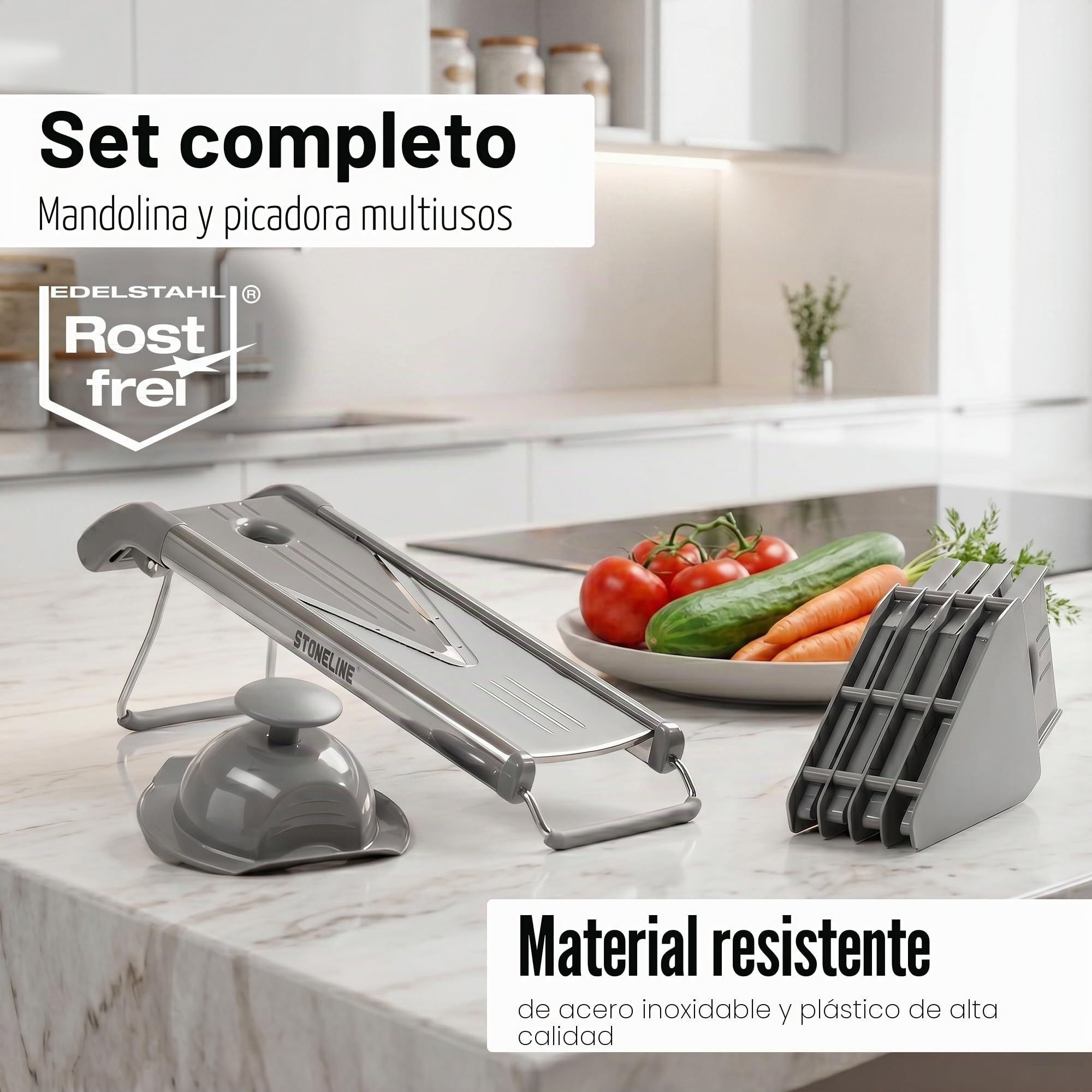 STONELINE Mandolina de Cocina Profesional de Acero Inoxidable 9 Piezas Rallador Cortador de Verdura con 5 Cuchillas y Protector de Dedos, Cortar en Rodajas Tiras Patatas Tomates Pepinos Queso Frutas