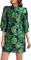 LADYFUL Women's Floral Jacquard Shift Mini Dress - Long Puff Sleeve Button-Up Elegant Cocktail Party Dress