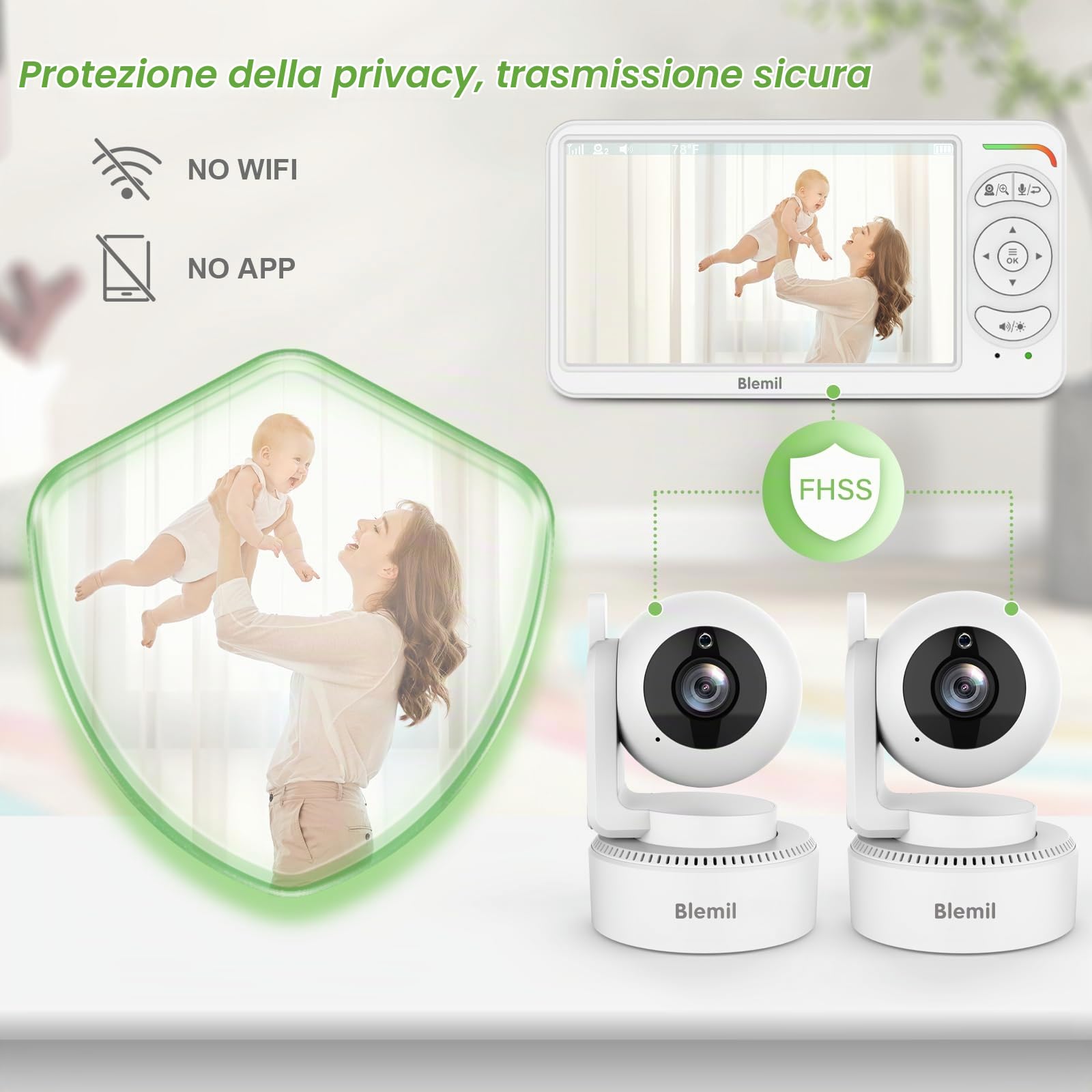 Blemil Baby monitor, Video Baby monitor con 2 telecamere e audio, 6 IPS grande schermo Split Screen Baby Monitor, Videomonitor telecamere con chiara visione notturna e 30 ore di durata della batteria | Baby monitor No WiFi, PTZ remoto, ECO, visione nottur