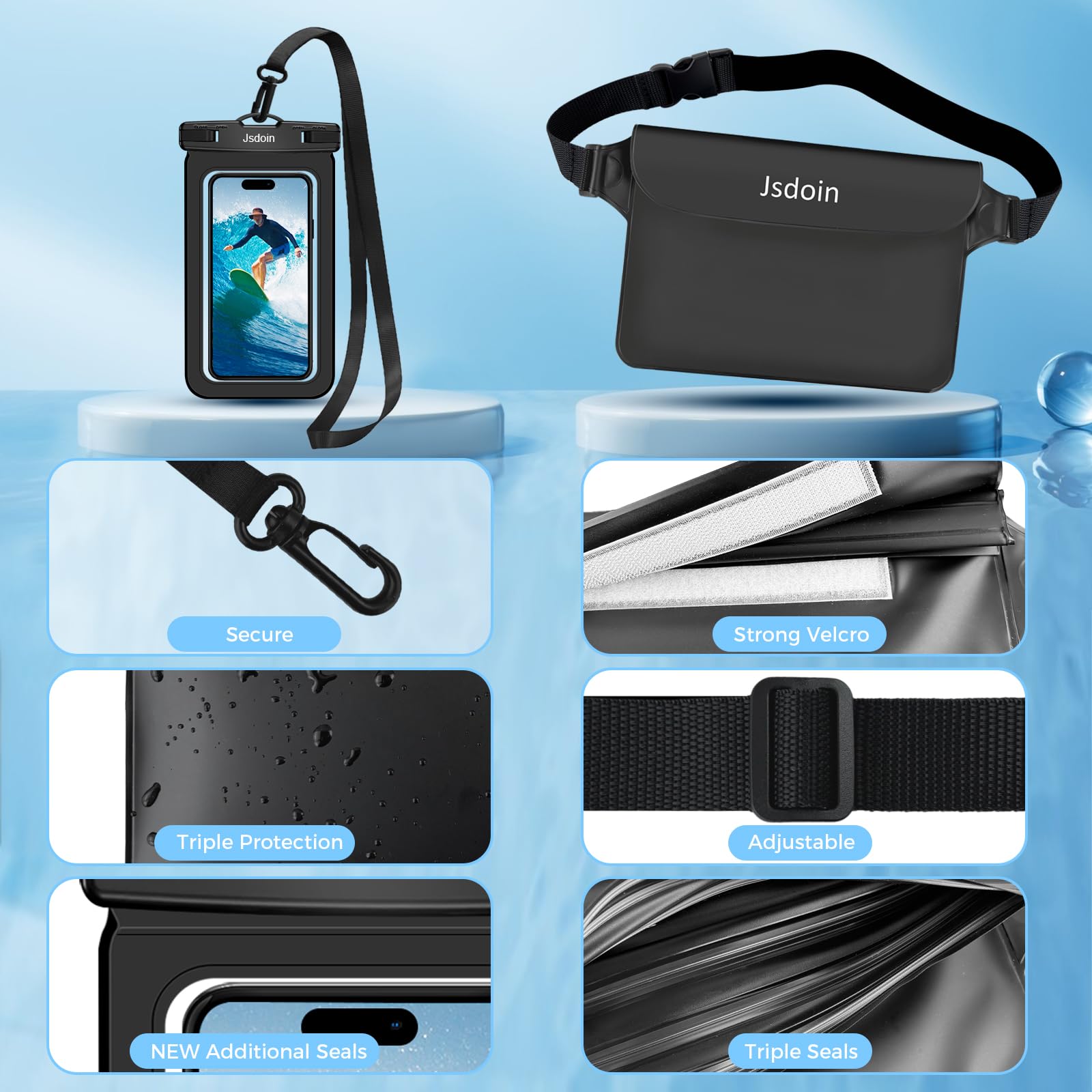Jsdoin Waterproof Pouch Bag +Waterproof Phone Pouch, Dry Bags Waterproof bag with Adjustable Strap, IPX8 Phone Case for Swimming Travel Beach Trip Snorkelling Kayaking -holiday essentials Black — view 6