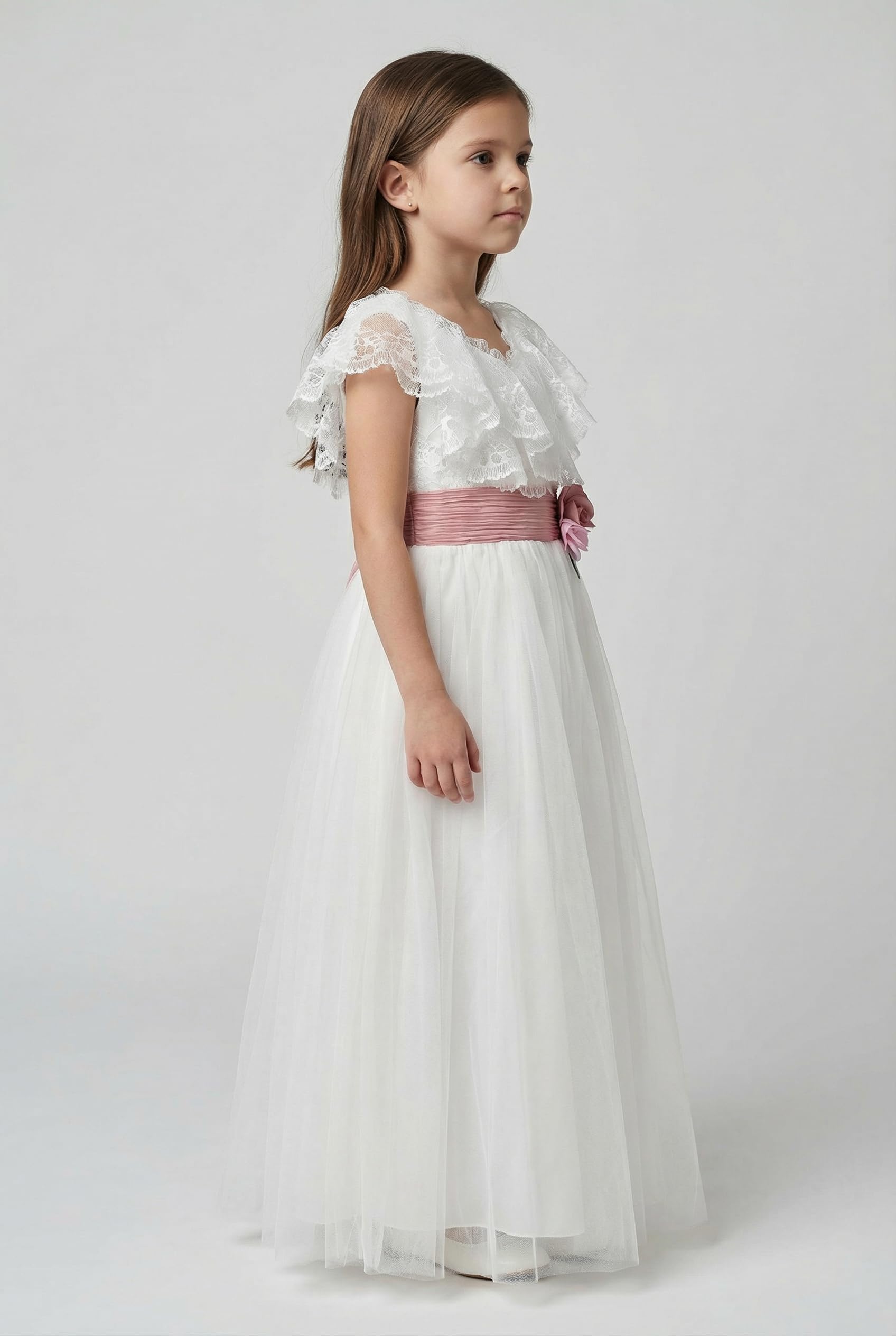 SIRRI Mädchen elfenbeinfarbenes Spitzen-Tüllkleid, Blumenmädchenkleid, bodenlang, Kommunionkleid, Alter 3-12