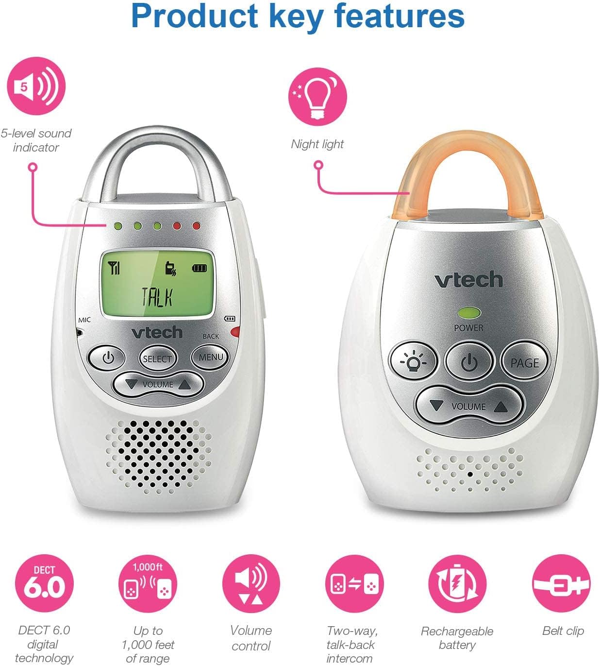 VTech DM221 Audio Baby Monitor with up to 1,000 ft of Range, Vibrating Sound-Alert, Talk Back Intercom & Night Light Loop (Renewed)