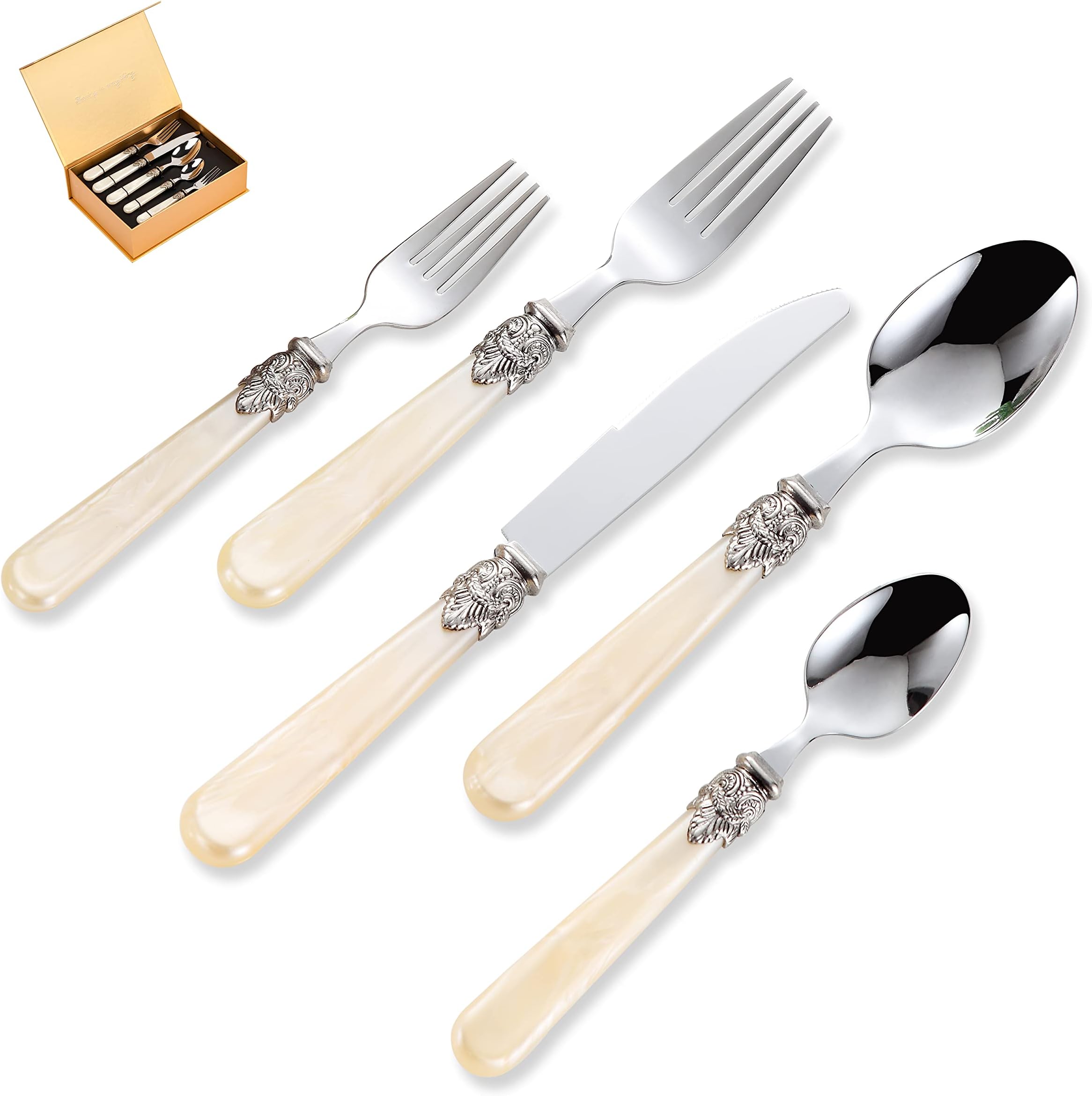 CATHYLIN REVERIE Collection Vintage Cutlery Set, 18/10 Stainless Steel, Dishwasher Safe (30, Champagne)