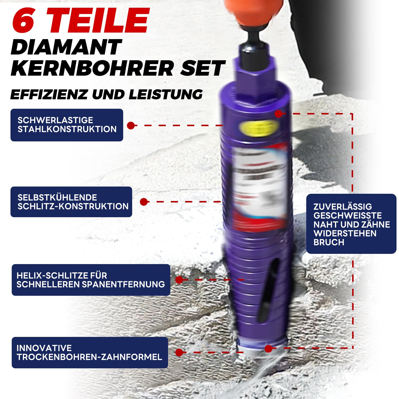 Extra lange Ø51mm x 220mm Länge Diamantbohrkrone – Kernbohrer mit M22 Gewinde, inkl. 2 SDS Plus Verlängerungen (240mm & 110mm) für tiefe Bohrungen in Beton, Mauerwerk, Kalksandstein