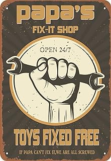 Funny Decorations For Man Cave Garage Wall, Vintage Tin Sign Papa's fix-it shop, Metal Post 12 * 8 Inches (PAPA'S FIX-IT SHOP)