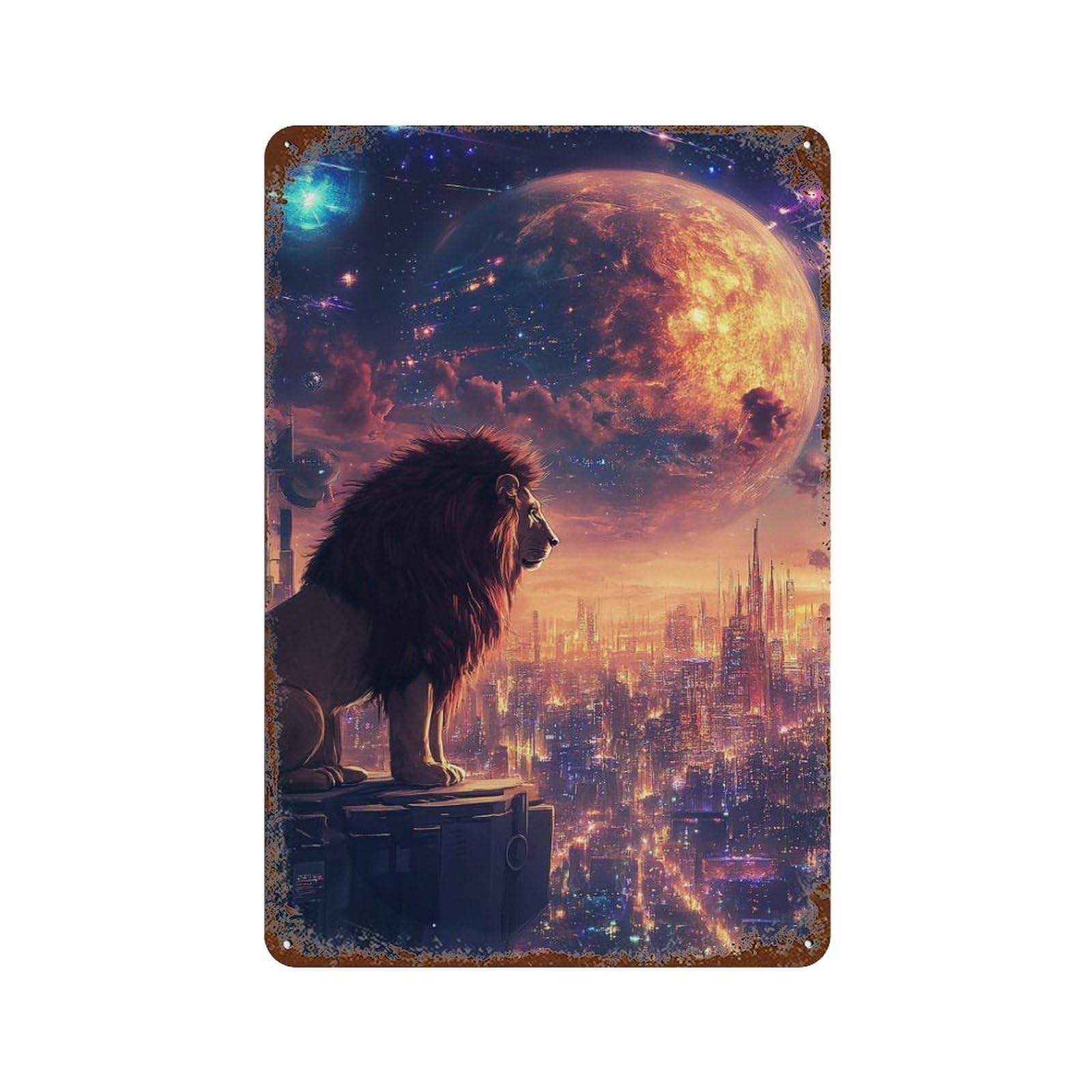 Lion Over Sci-Fi Cityscape Retro Metal Sign 11.8"x7.9", Farmhouse Wall Decor for Garage, Pub Or Kitchen