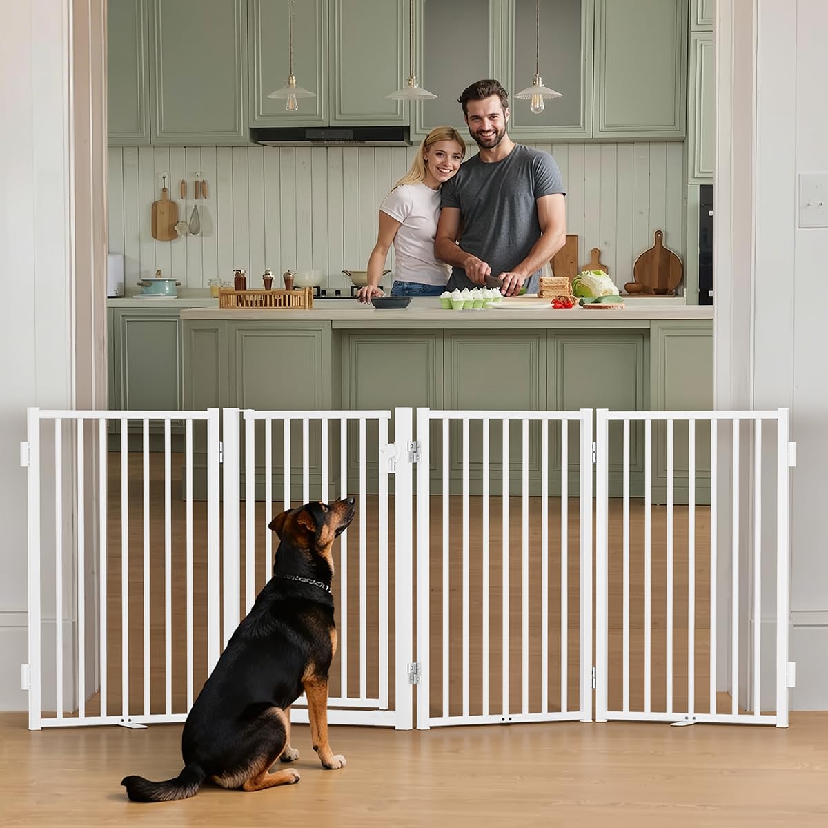 COMOMY Metal Freestanding Dog Gates with Door, 203cm Extra Wide Pet Safety Fence with Support Feet, 81cm Tall Foldable Dog Barrier for Home Doorways Stairs Indoor & Outdoor, 4 Panels, White
