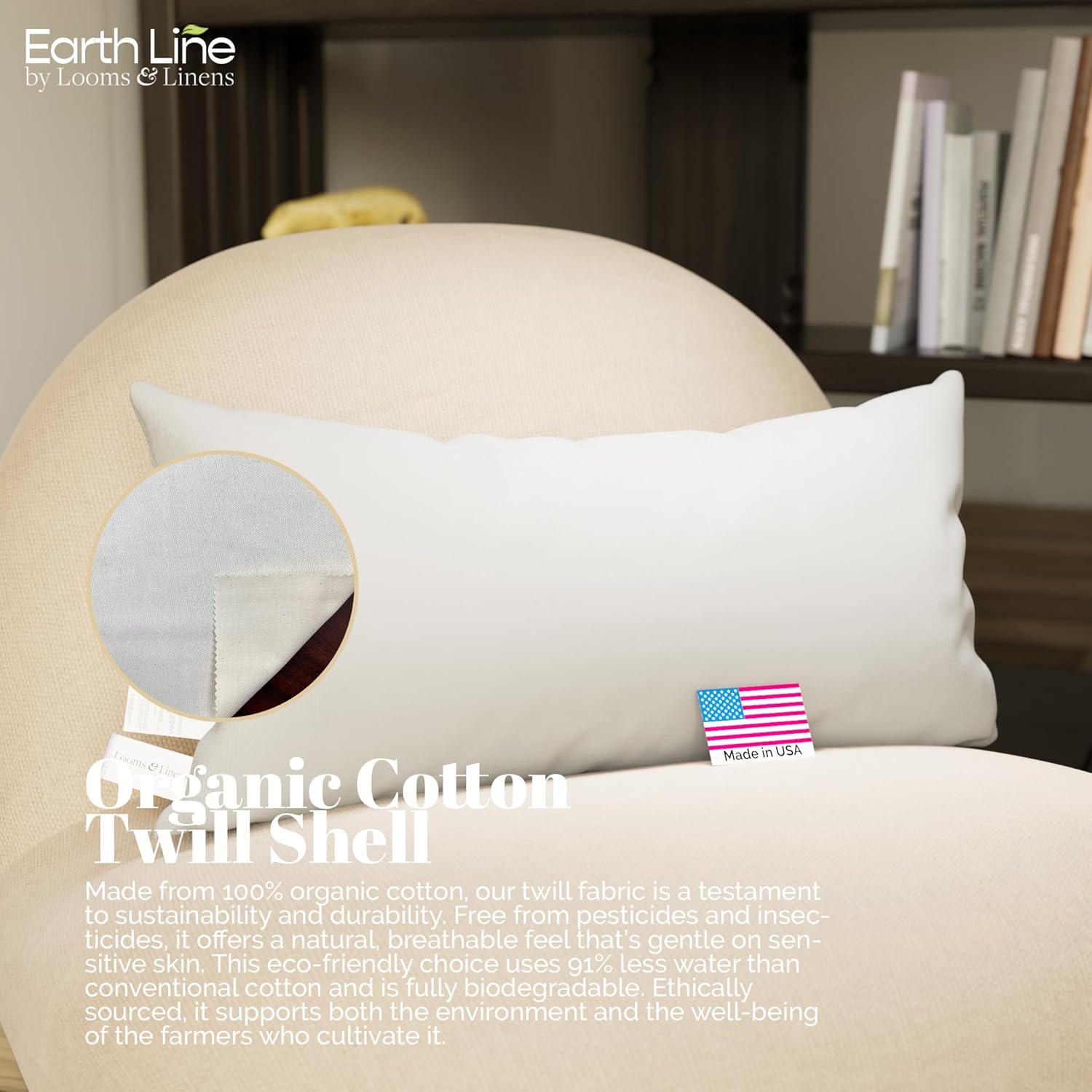 Looms & Linens Vegan Kapok Stuffing 12x20 inch Boudoir Cushion enShelld in Cotton Twill Shell - Made in USA Lumbar Cushion Pillows Pack of 1