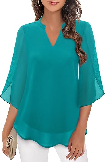 Bebonnie Womens Tops Dressy Casual Ruffle 3/4 Sleeve V Neck Double Layers Chiffon Blouses Tops