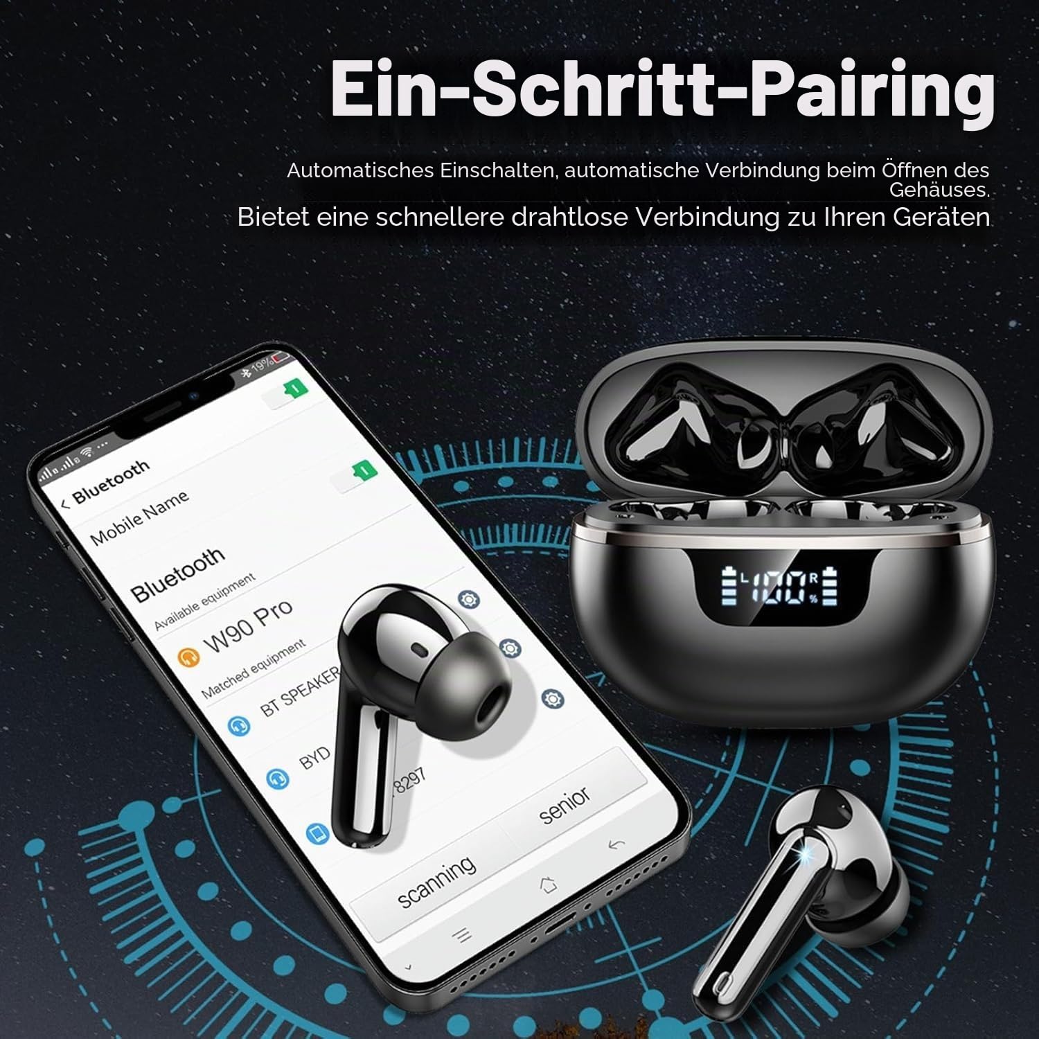 Bluetooth Kopfhörer, 2026 Kopfhörer Kabellos Bluetooth 5.4, In Ear Kopfhörer 50 Std Spielzeit Tiefer Bass mit LED-Anzeige, Kabellose Kopfhörer mit 4 ENC Noise Cancelling Mic, IP7 Wasserdicht Ohrhörer
