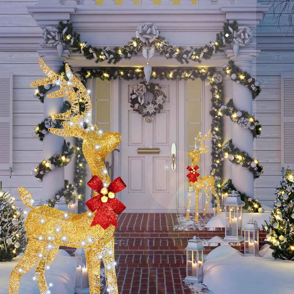 BAKAJI Renna Natalizia Luminosa XXL con Slitta per Esterno con 8 Funzioni di Luce, Decorazione Natalizia 120 cm Altezza, Decorazioni Addobbi LED di Natale per Giardino (Bianco Freddo)