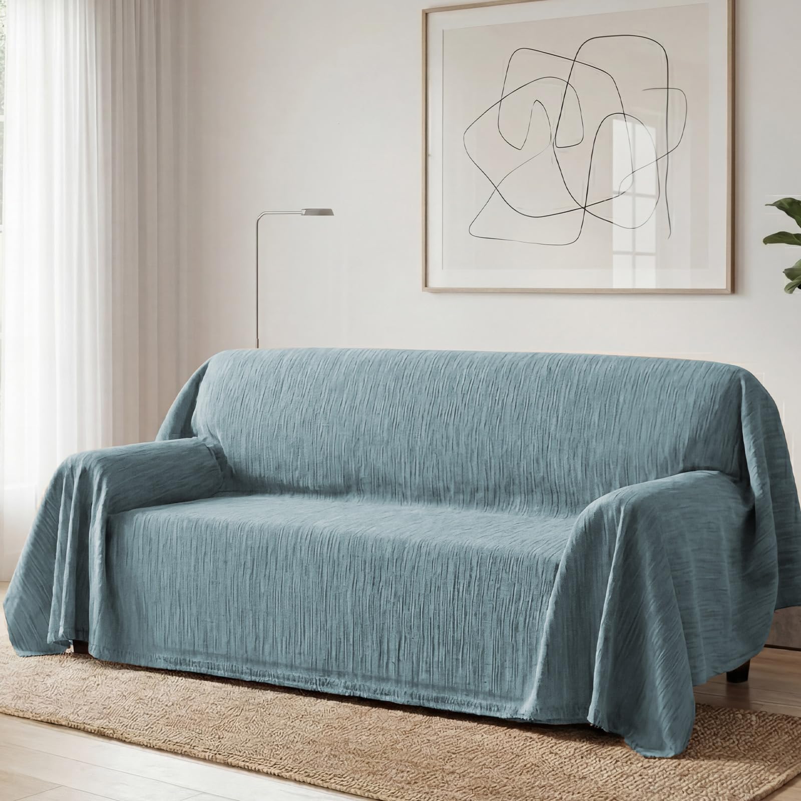 Bellahills Texture Stone Blue Sofa Cover 3 Seater Chenille Sofa Covers 2 Seater Armchair Covers L Shape Sofa Slipcover Non-Slip Couch Covers With Tassel Sofa Protector For Sectional Sofa, 180X340cm,