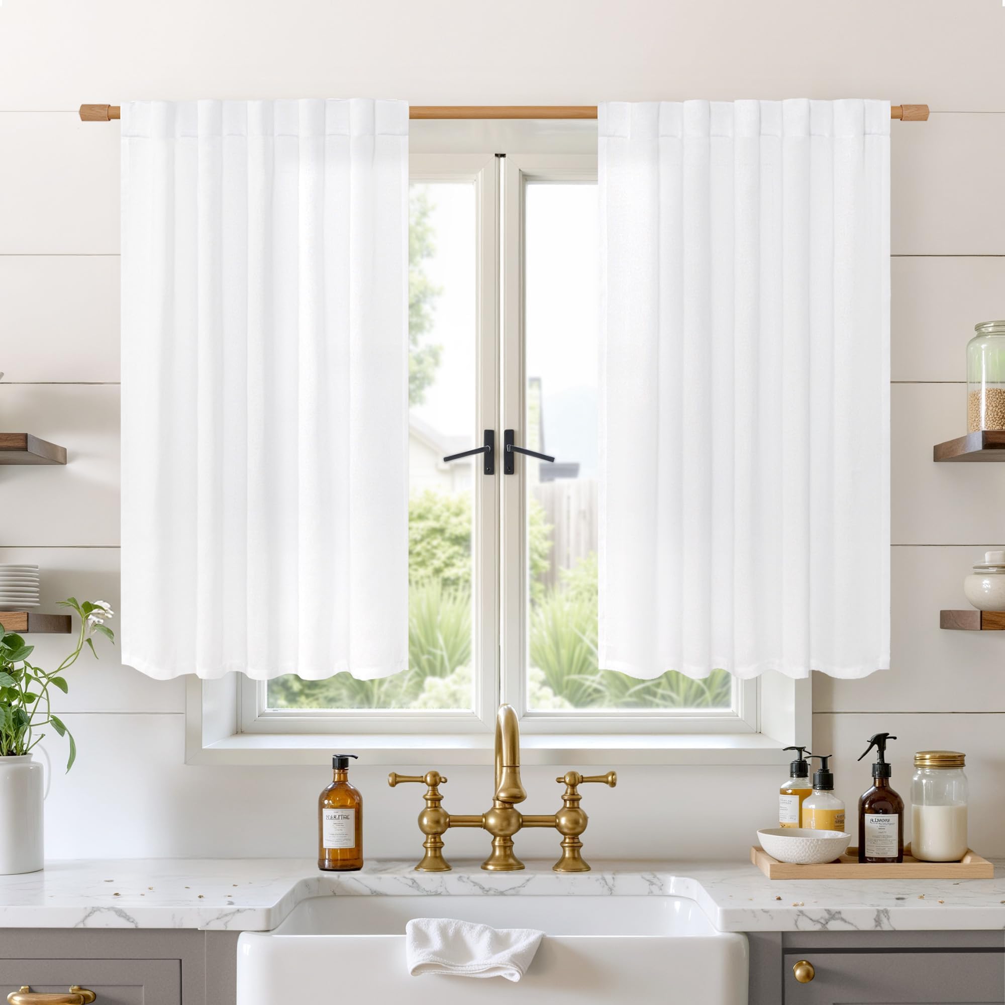 BGment White Linen Kitchen Curtains 40 Inch Length for Short Windows, Semi Sheer Drapes Light Filtering with Rod Pocket and Back Tab for Bathroom Over Sink, 2 Panels Set, 42 X 40 Inch
