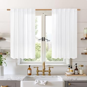 BGment White Linen Kitchen Curtains 40 Inch Length for Short Window | Semi Sheer Drapes Light Filtering with Rod Pocket and Back Tab for Cafe Bathroom Over Sink, 2 Panels, 42 X 40 Inch
