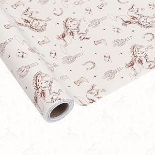 FISHLONO Western Cowboy Wrapping Paper Roll – Brown Gift Wrap with Cowboy Wild Horses, Boots, Hat and Cactus Design, Mini Roll 17 Inch x 32.8 Feet (46.45 sq.ft.), Birthday, Baby Shower, DIY Crafts