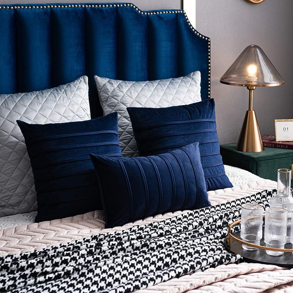 DEZENE Navy Striped Couch Pillow Cases: 2 Pack 12x20 Inch Cozy Soft Velvet Rectangular Throw Pillow Covers for Home Decor