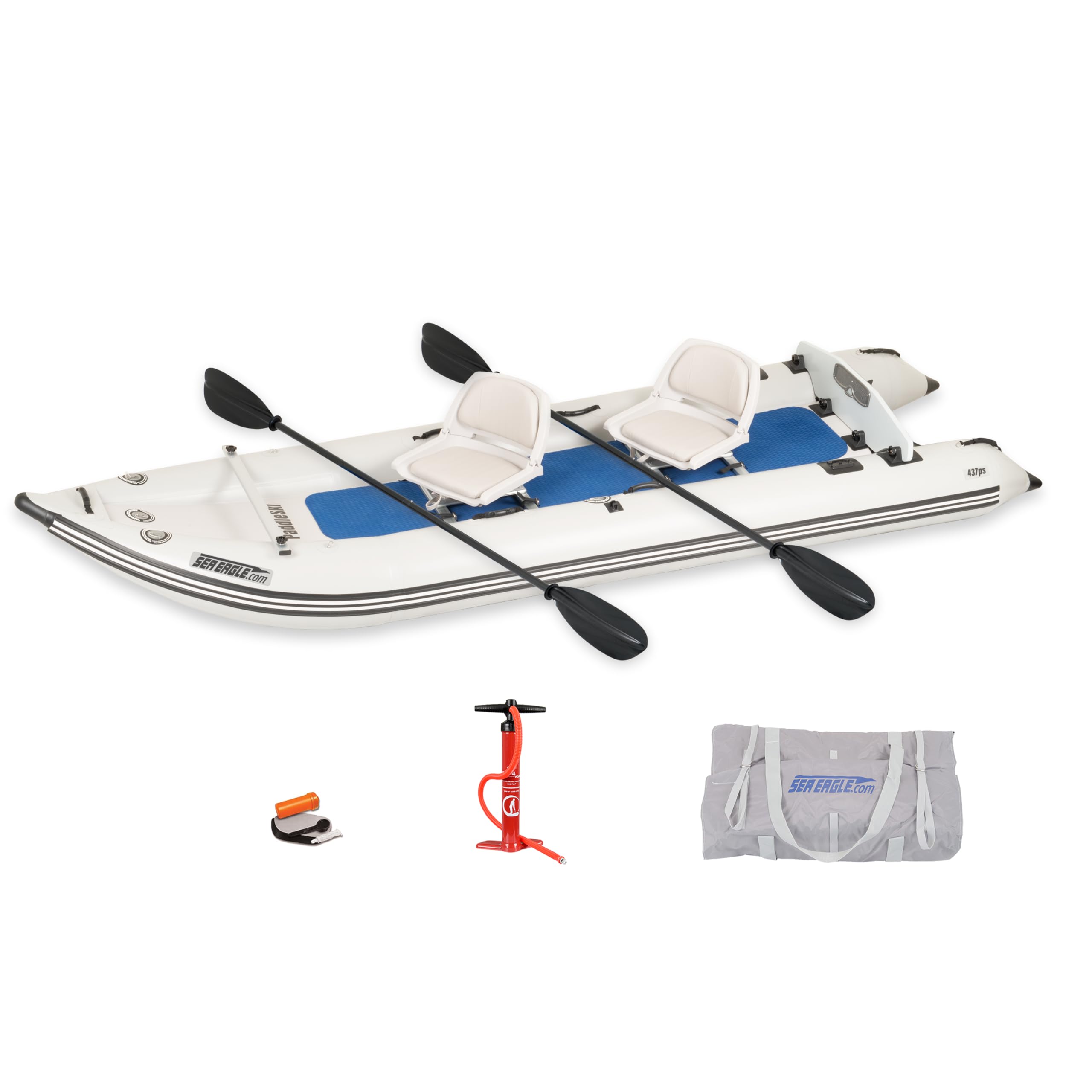 Sea Eagle 437ps PaddleSki Inflatable 1-2 Person Catamaran Boat – Paddle, Motor, Fish, or Sail – 4-in-1 Inflatable Watercraft – Self Bailing