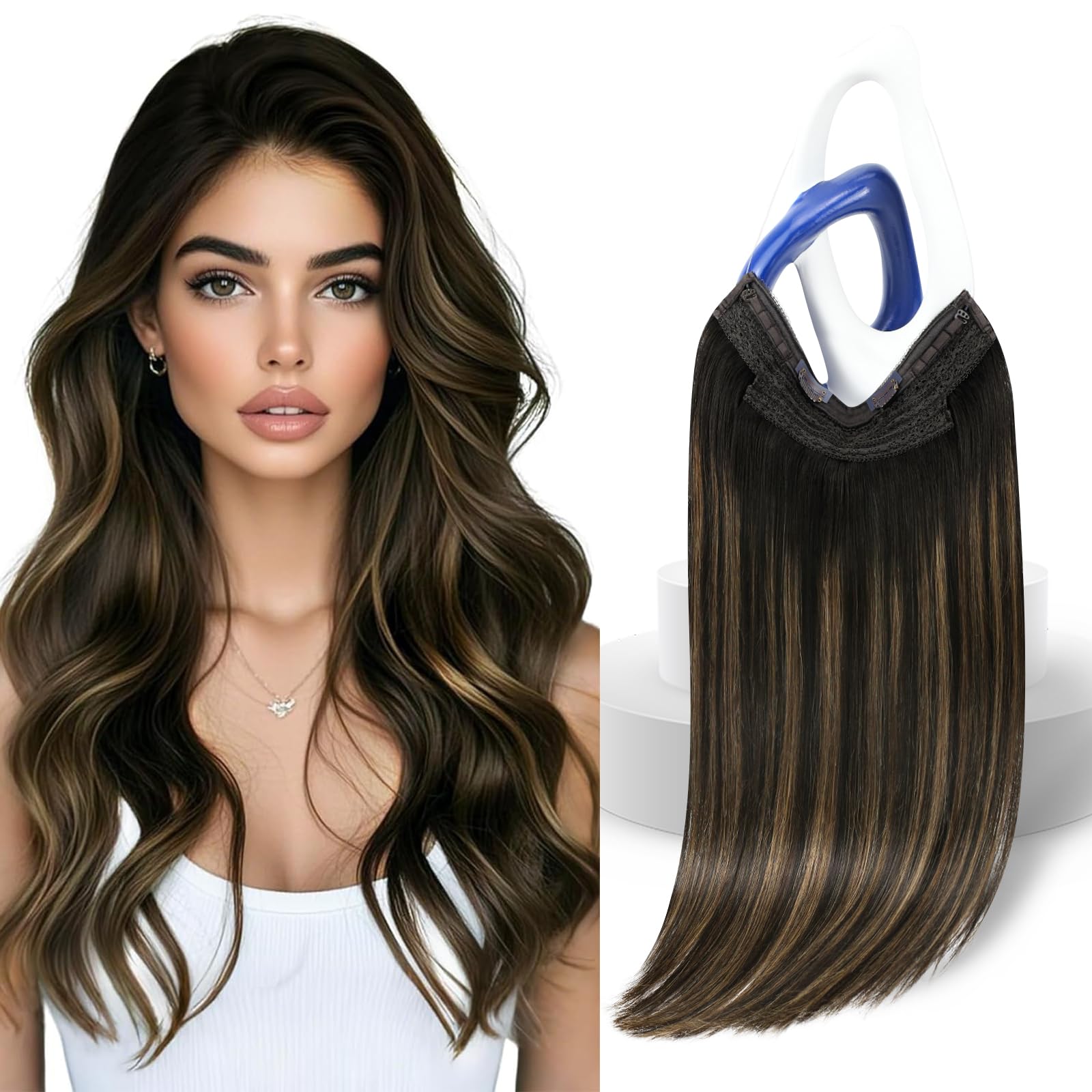 Sunny Hair Wire Hair Extensions Real Human Hair Fish Line Human Hair Extensions Invisible Wire Extensions Dark Brown to Light Brown with Dark Brown #2/2/6 12 Inch