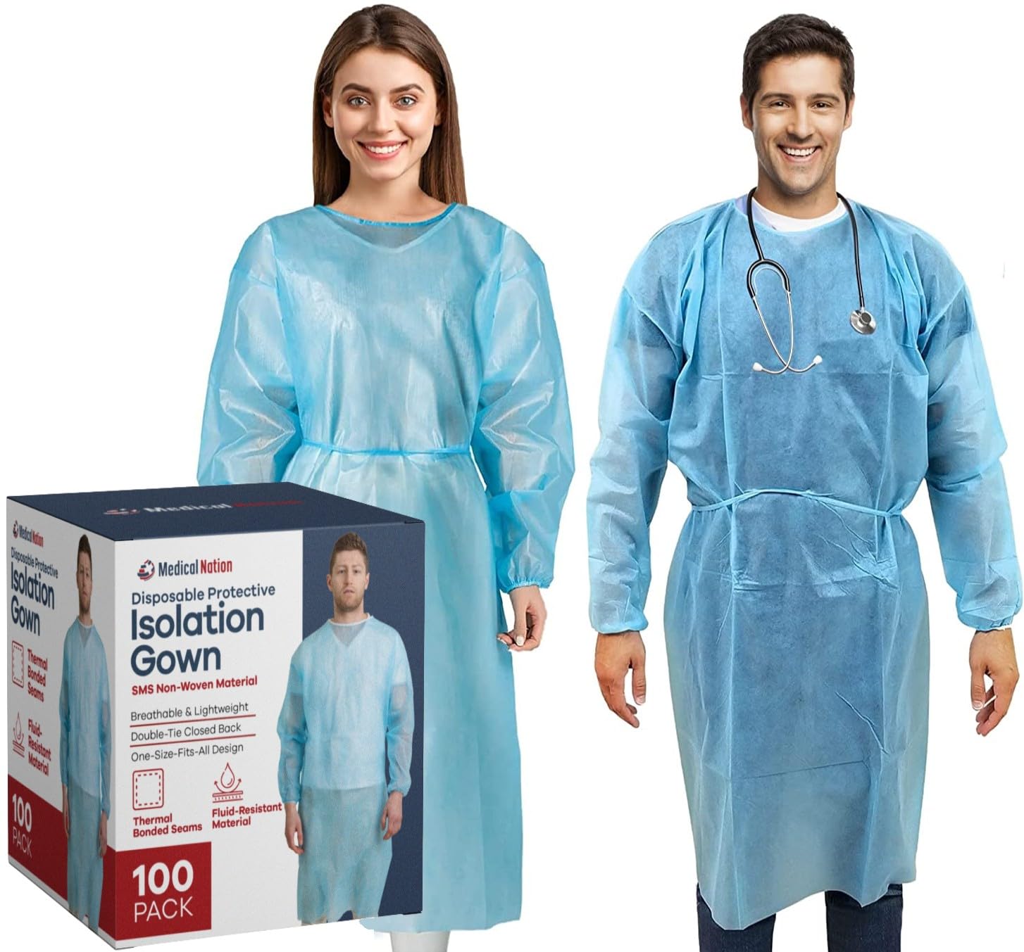 100 Pack Disposable Isolation Gowns - Blue Level 2 SMS Non-Woven Material - PPE Gowns Disposable for Dental, Medical Use, Fluid-Resistant and Latex-Free Gowns, Universal Size