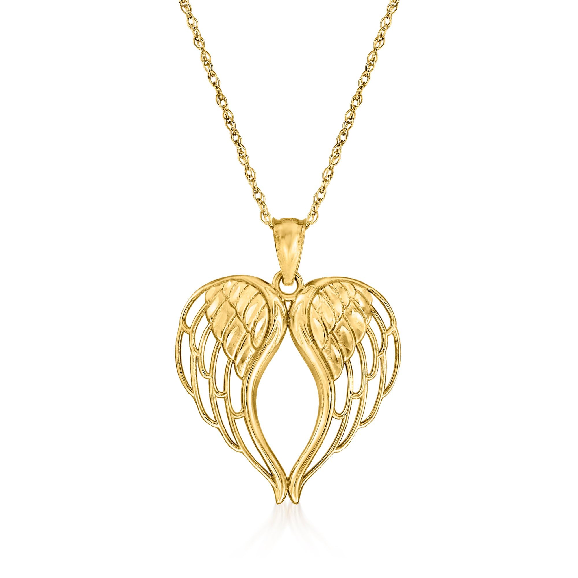 14kt Yellow Gold Angel Wings Heart Pendant Necklace. 18 inches