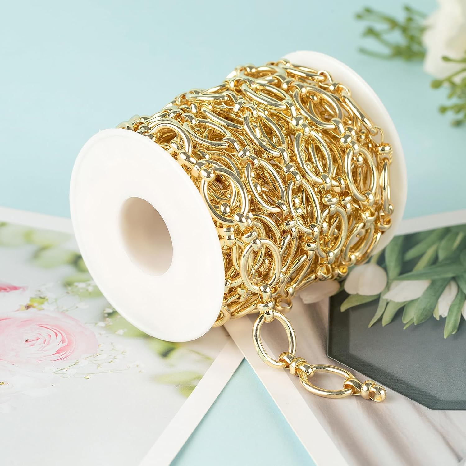KYUNHOO 5 Meters Soldered Circle Rolo Chains Bulk 16K Gold Plated Iron Jewelry Chain Roll Jewelry Making Chain Supplies DIY Crafts Chain