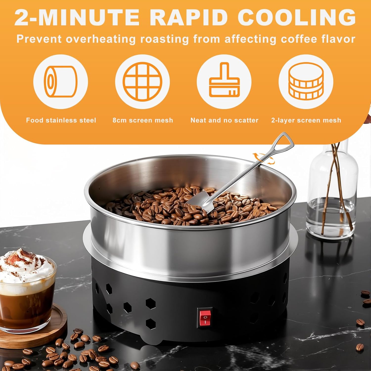 HOMIER Electric Coffee Bean Cooler - Professional Dual-Filter System for Home Roasting, 600g Capacity Rapid Cooling Machine with Stainless Steel Sieve and High-Suction Fan