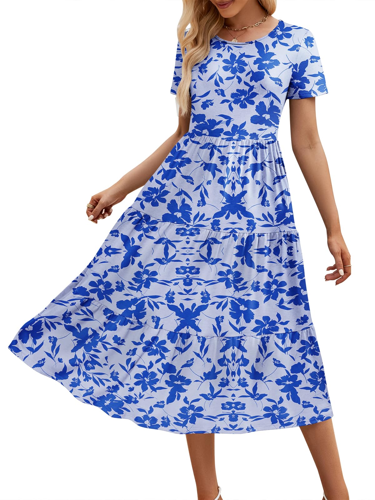 Sureple Spring Round Neck T Shirt Dress for Women Short Sleeve Midi Length,Swing Tiered Bobydoll Dresses with Pockets