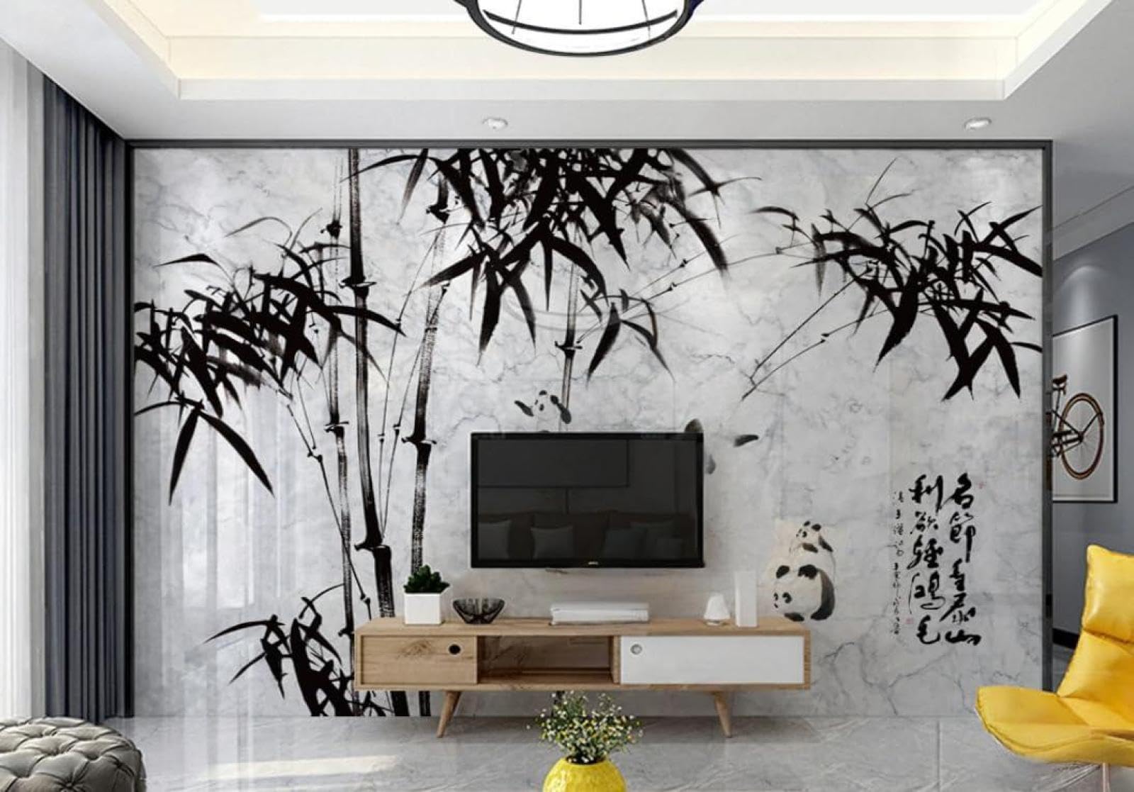 Encre De Chine Noir Et Blanc Bambou Panda Art Papier Peint 3D Installation Facile Intissé Tapisserie Bureau Salon Canapé Chambre Décoration Murale-300cm×210cm