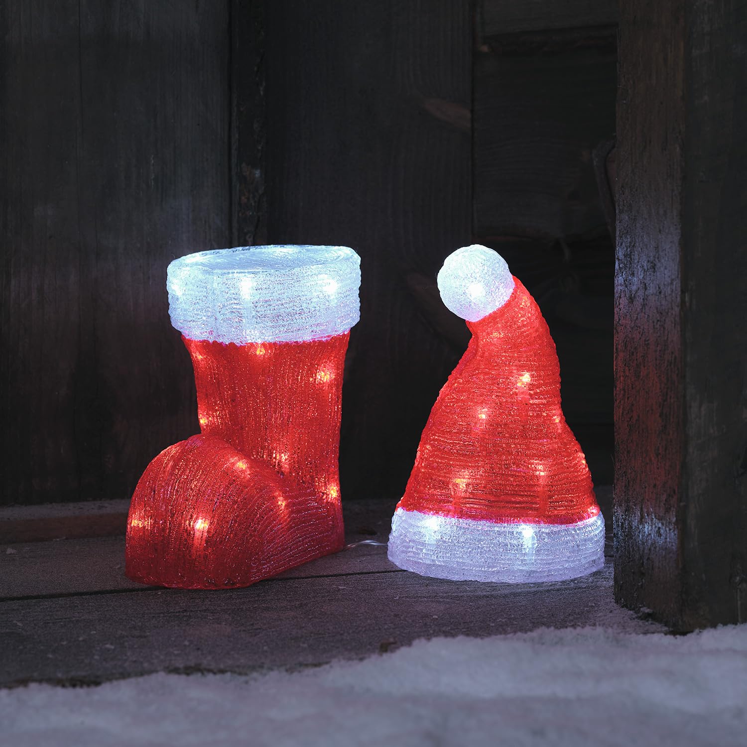 Lights4fun Decoración Navideña Gorro y Bota de Papá Noel Luminoso en Acrílico de 20,5 cm y 22 cm con 48 LED Blanco y Temporizador Figura de Navidad para Interior y Exterior