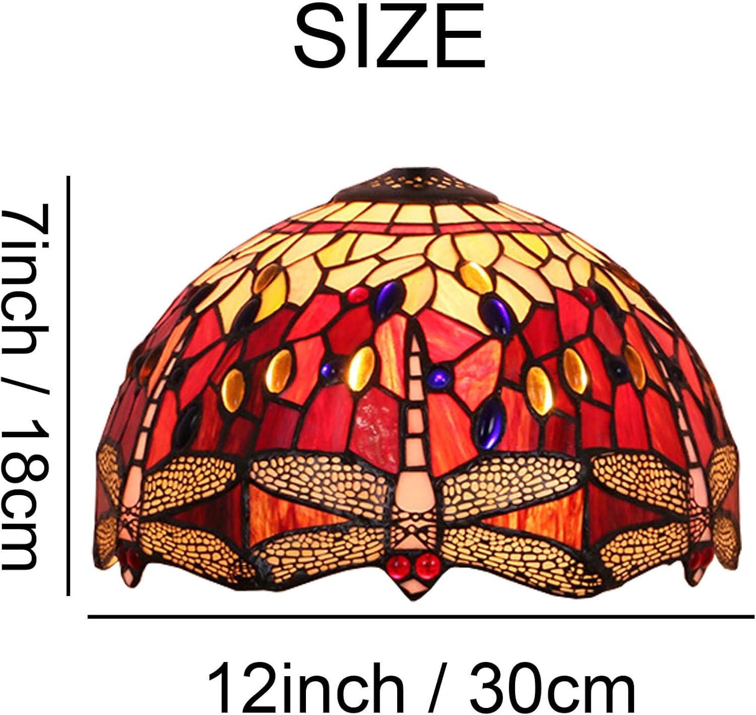 Tiffany Lamp Shade Replacement 12 Inch Red Dragonfly Stained Glass Lampshades Only with Cap Blue Yellow Amber Glass Beads Vintage Light Cover fit for Table lamp Pendant Light Ceiling Fixture