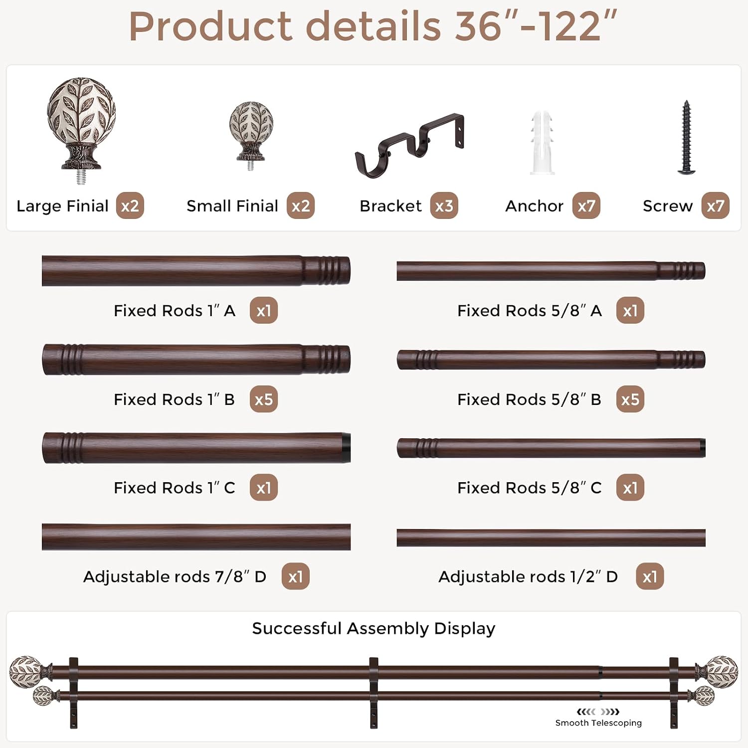 Double Curtain Rod 36-122 Inch, Wood Dual Curtain Rods for Windows