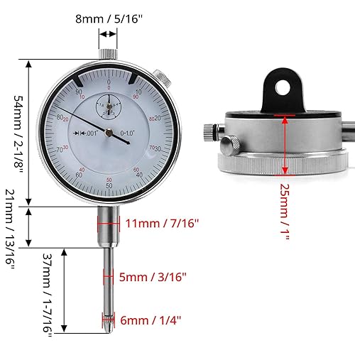 Miniatura 6 de QWORK Indicador de esfera de 0 a 1 pulgada con yunque de carburo, resolución de 0.001 pulgadas, plano intercambiable y espalda con orejeta - esfera