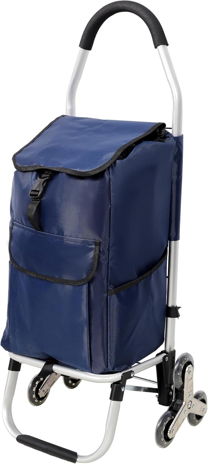 Shopping Stair Trolley with Wheels,Trolley Foldable Cart,Removable Shopping Oxford Waterproof Bag,Stainless Steel Triangular Wheels (Blue + Aluminium)
