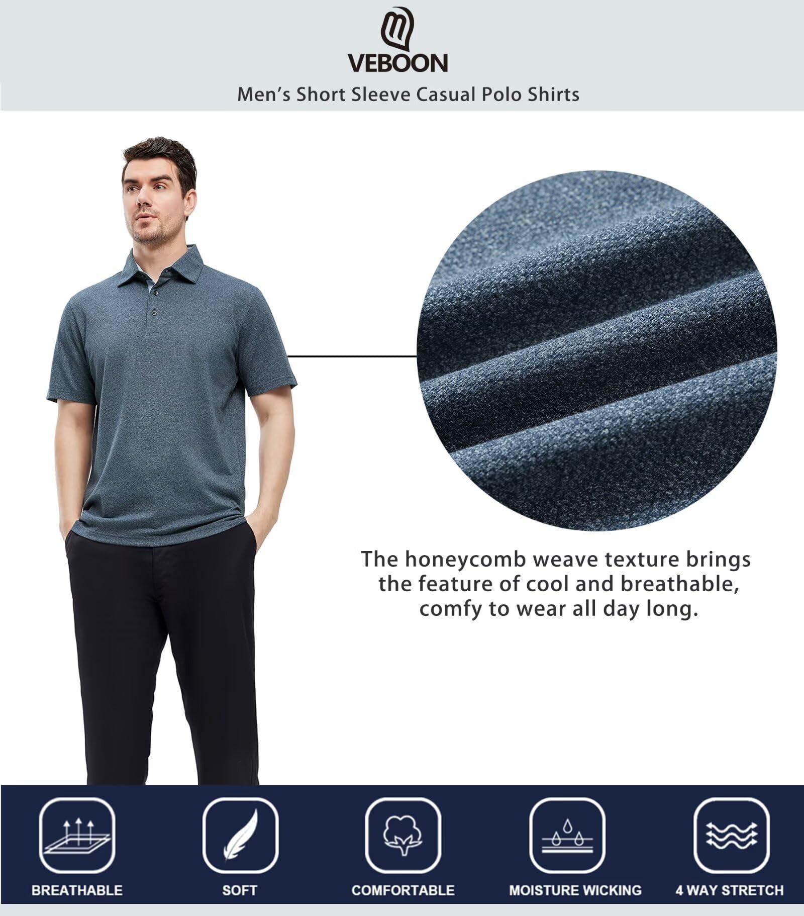 VEBOON Herren Poloshirts Kurzarm Baumwollmischung Heather Moisture Wicking Casual Collared Shirts