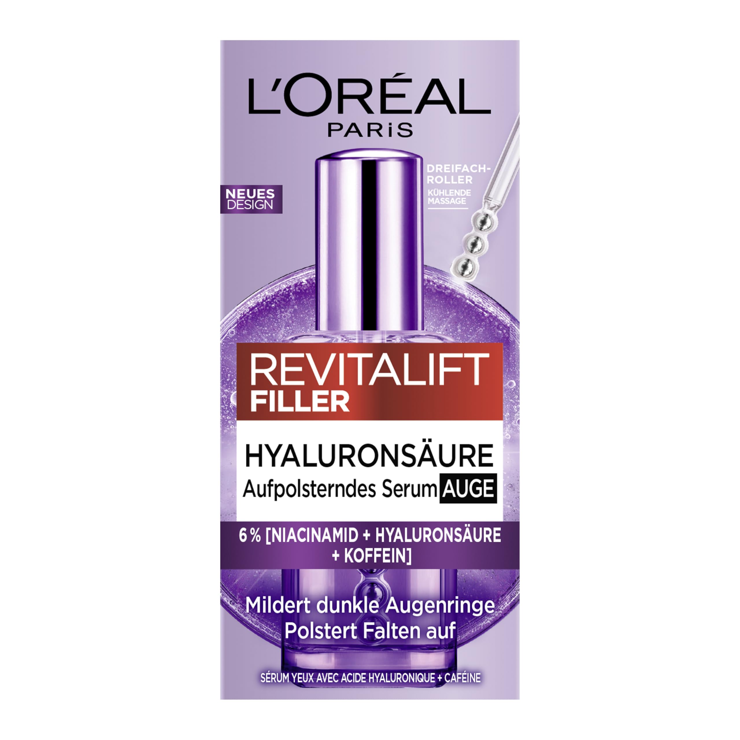 L'Oréal Paris Sérum contour des yeux pour femme : fournit un contour des yeux rembourré et moins de cernes avec 2,5% [acide hyaluronique + caféine], Revitalift Filler, 1 x 20 ml