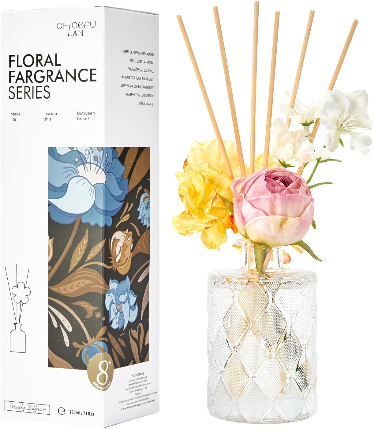 Chloefu Lan Amber Reéd diffuser, 6.7 oz Natural Essential Scented Oil, Pink Yellow and White Flowers Reéd Diffuser Sticks, Bathroom, Home & Office Decor, Preppy Room Decor, Amber Diffuser Oil Gift Set