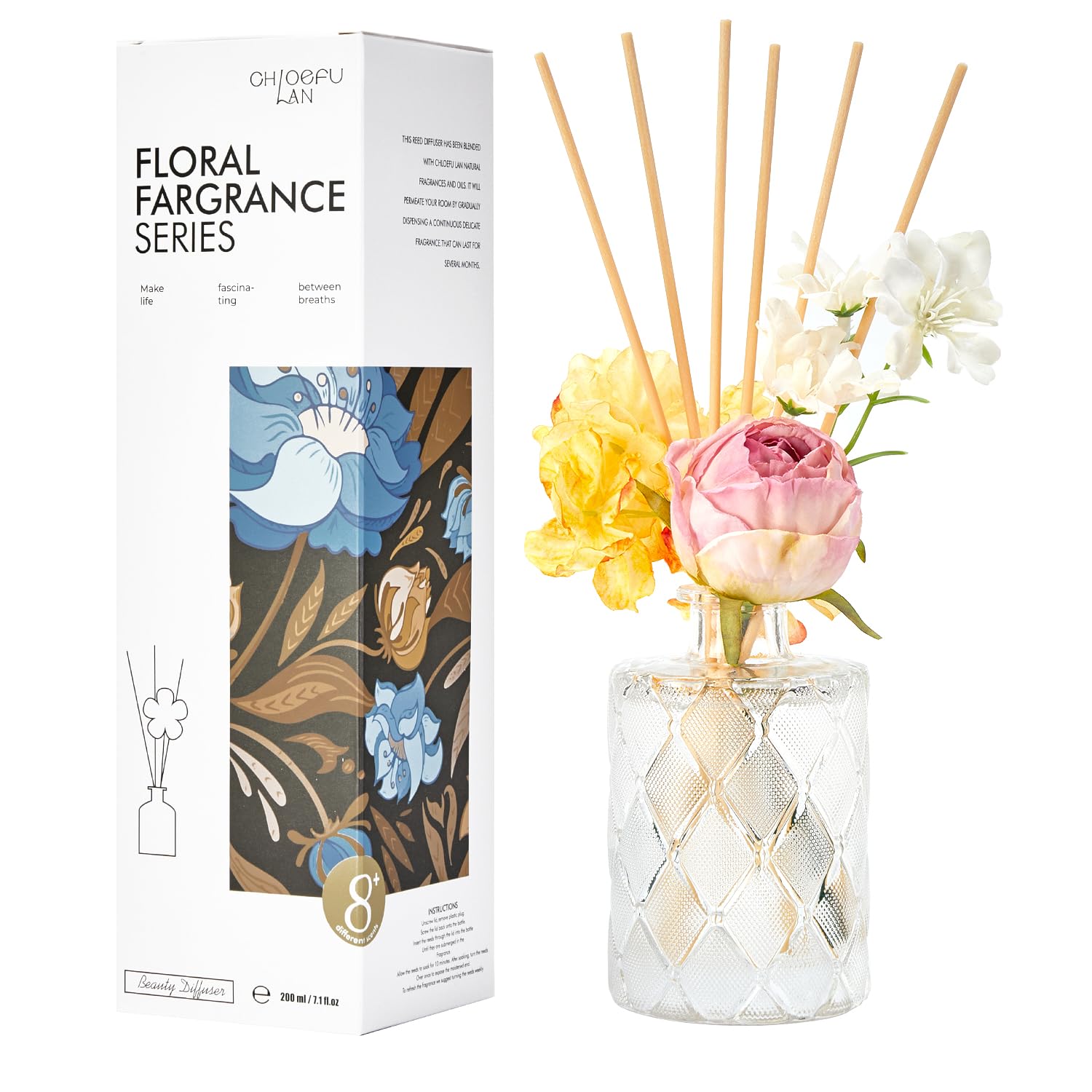 Chloefu Lan Amber Reéd diffuser, 6.7 oz Natural Essential Scented Oil, Pink Yellow and White Flowers Reéd Diffuser Sticks, Bathroom, Home & Office Decor, Preppy Room Decor, Amber Diffuser Oil Gift Set