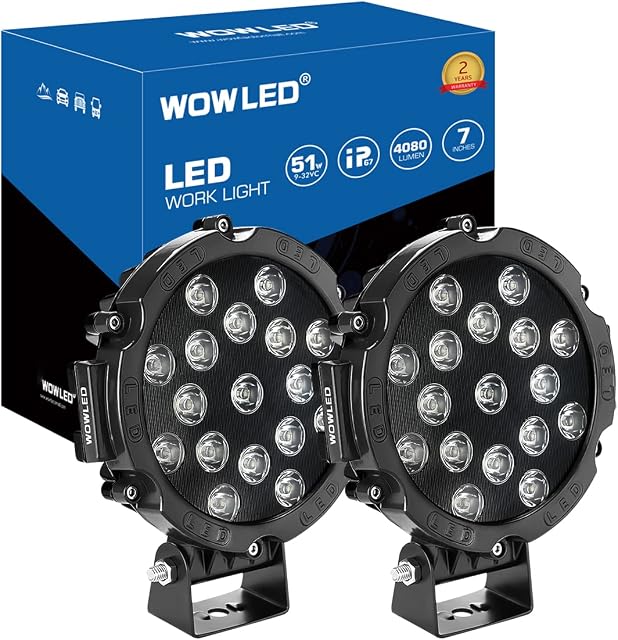 WOWLED 2 Pcs 51W 7inch LED Driving Light Spot Beam Work Lamp Offroad SUV 4WD 4X4 Truck Boat