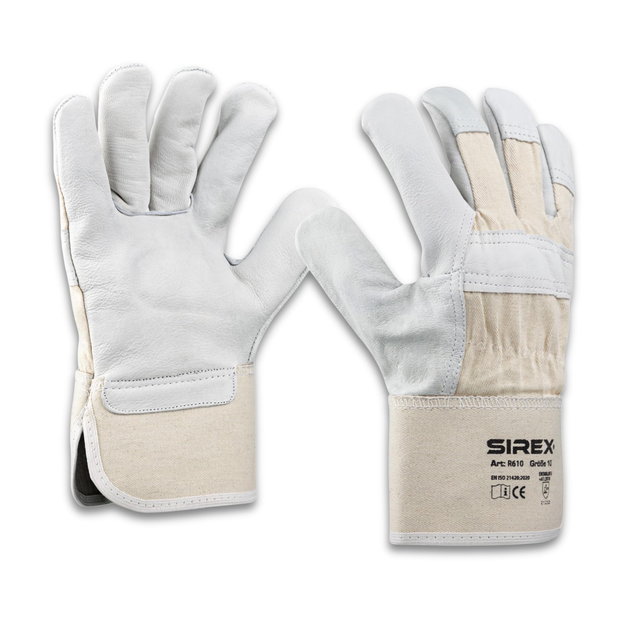 Sirex R610 Rindvollleder Arbeitshandschuhe gefüttert, 12 Paar - Robuster Lederhandschuh mit Doppelnaht & Knöchelschutz, gummierte Stulpe, Baumwollrücken, Bauhandschuhe Grau/Beige, EN 388