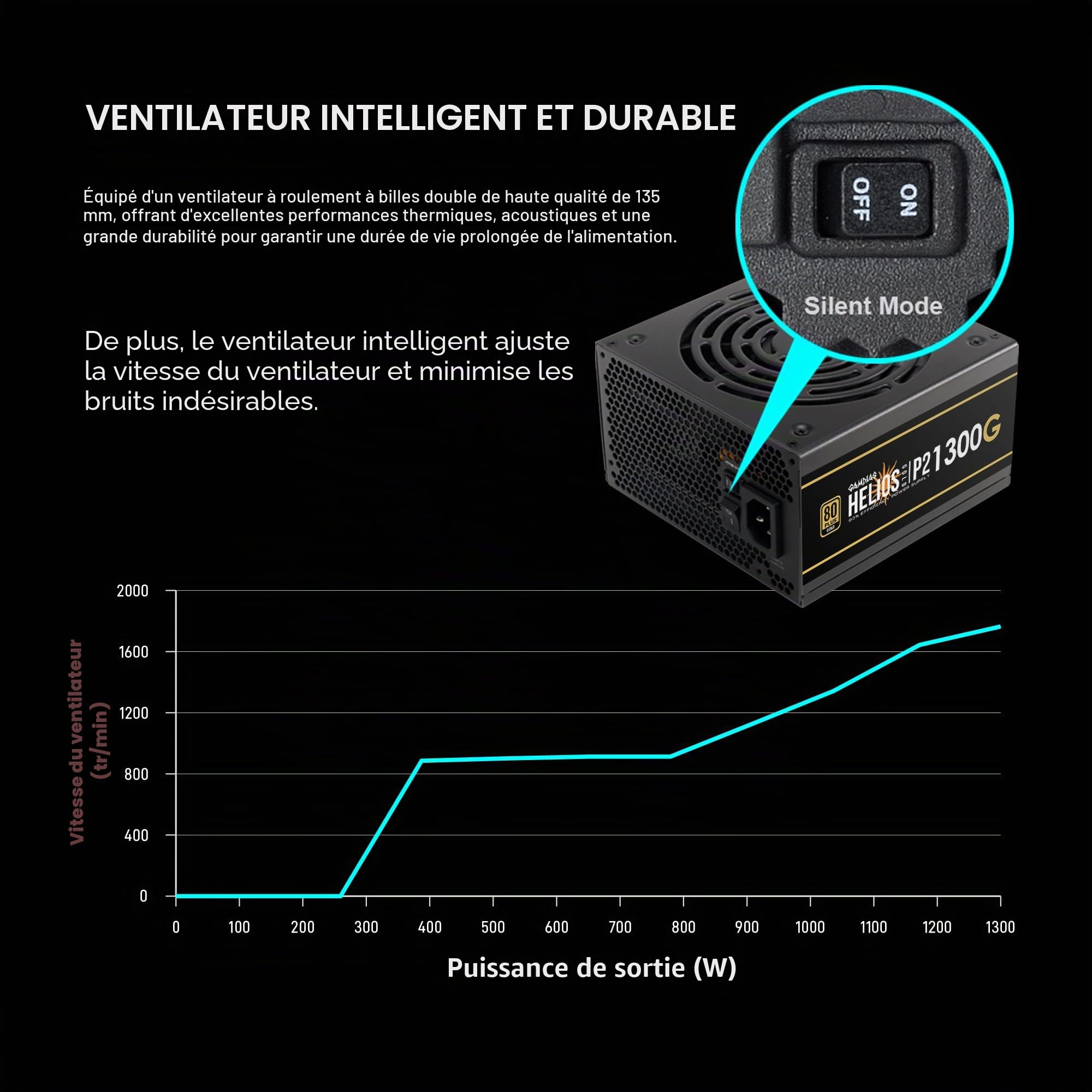 GAMDIAS EU Alimentation PC ATX 1300W, Entièrement modulaire, Ventilateur Silencieux de 135 mm, 80 Plus Gold, Compatible ATX 3.0 et PCIe 5.0, 12VHPWR