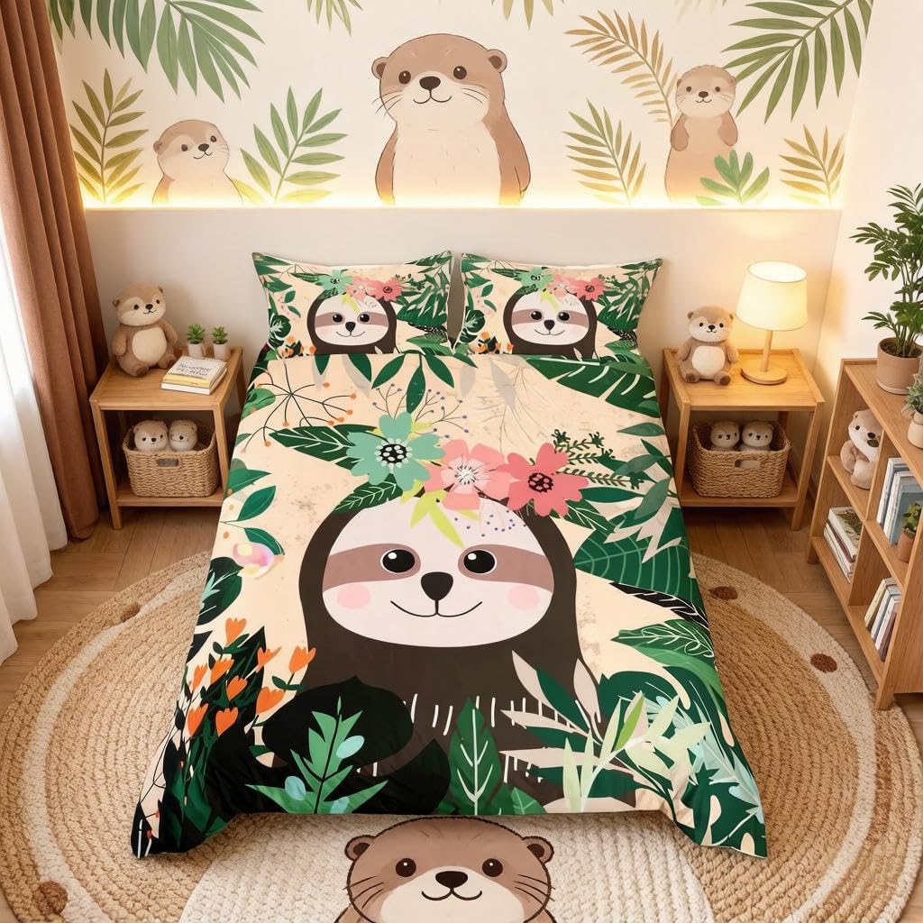 Loussiesd Cartoon Forest Sloth Duvet Cover All Seasons Bedding Set Cute Sloth Flower Monstera Leaves Print Comforter Cover Cute Lovely Cats Bedding Animals Theme Bedspread Cover King Size 3 Pcs — image 1
