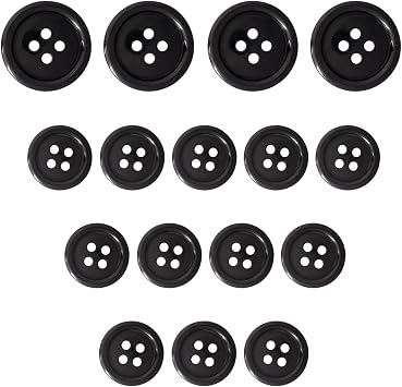 ButtonMode Standard Suit Buttons 16pc Set Includes 4 Buttons Measuring 19mm 3/4 Inch for Jacket Front, 12 Buttons Measuring 15mm 5/8 Inch for Jacket Sleeves and Pants, Black, 16-Buttons