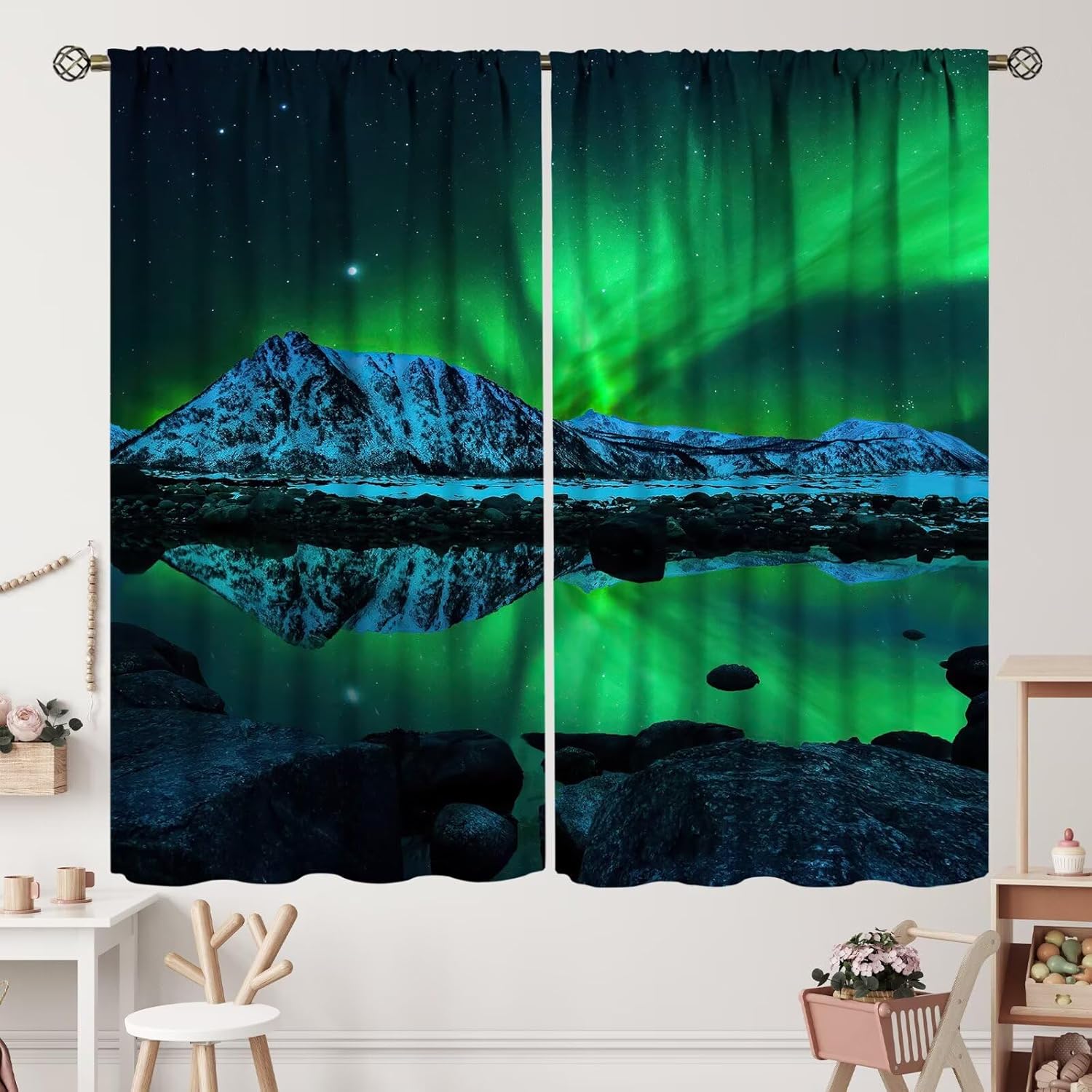 Northern Lights Mountain Curtains Nature Starry Night Aurora Borealis Landscape Curtain with Rod Pocket for Bedroom Living Room Decor Drapes Window Treatments 2 Panels Set 84" W X 84" L