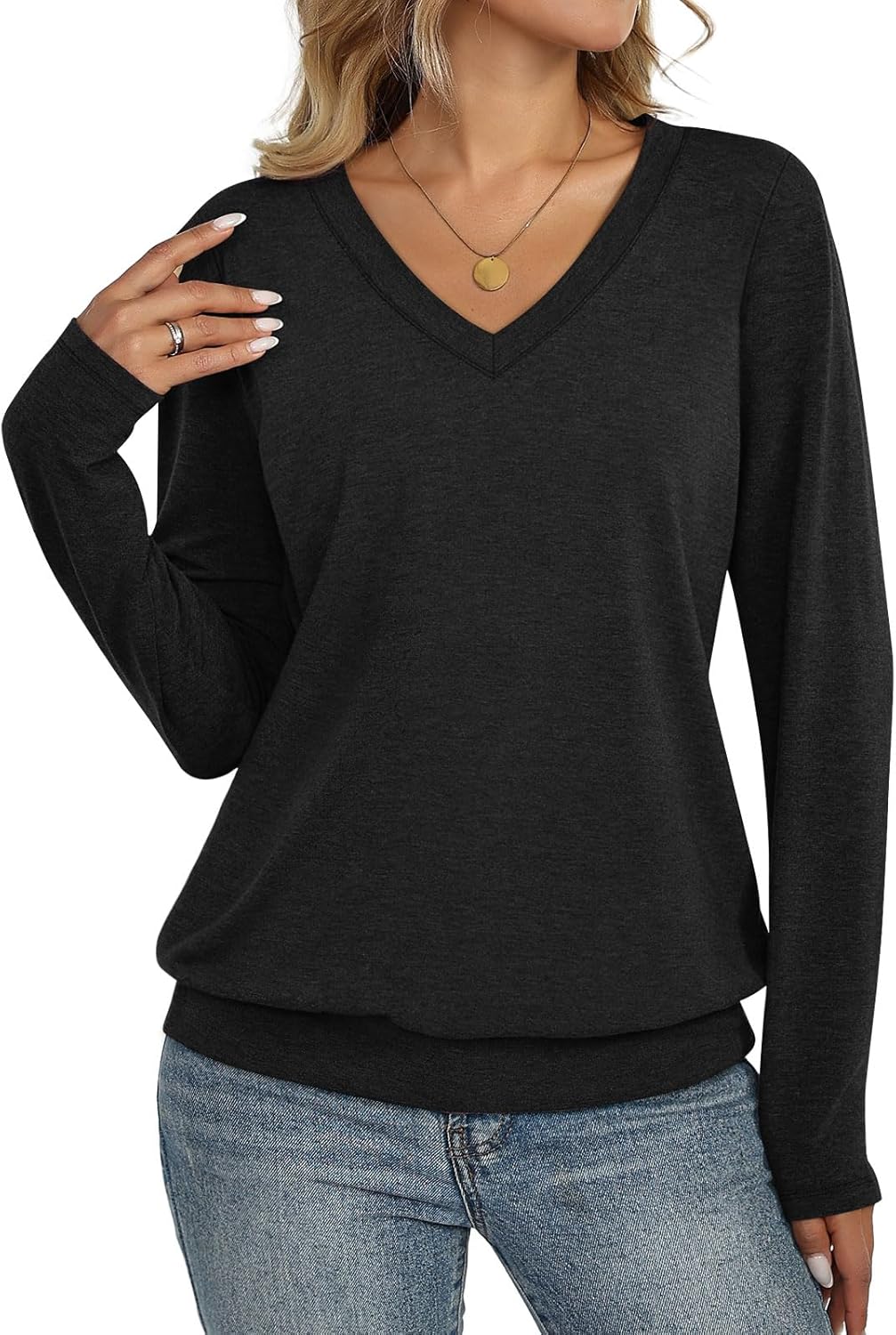 Womens V Neck Long Sleeve Shirts Banded Bottom Cute Loose Fit Tops Dressy Casual Outfits for Fall Spring