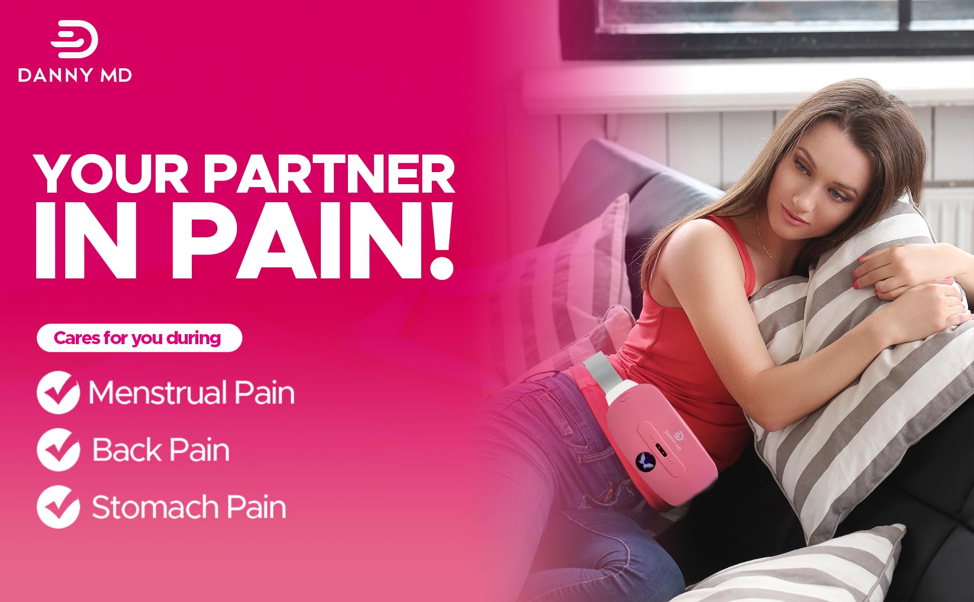 Danny MD Battery Powered Cordless Cute Pink Rechargeable Heating Pad - Wearable Relief for Back Pain, Cramps, and Menstrual Discomfort