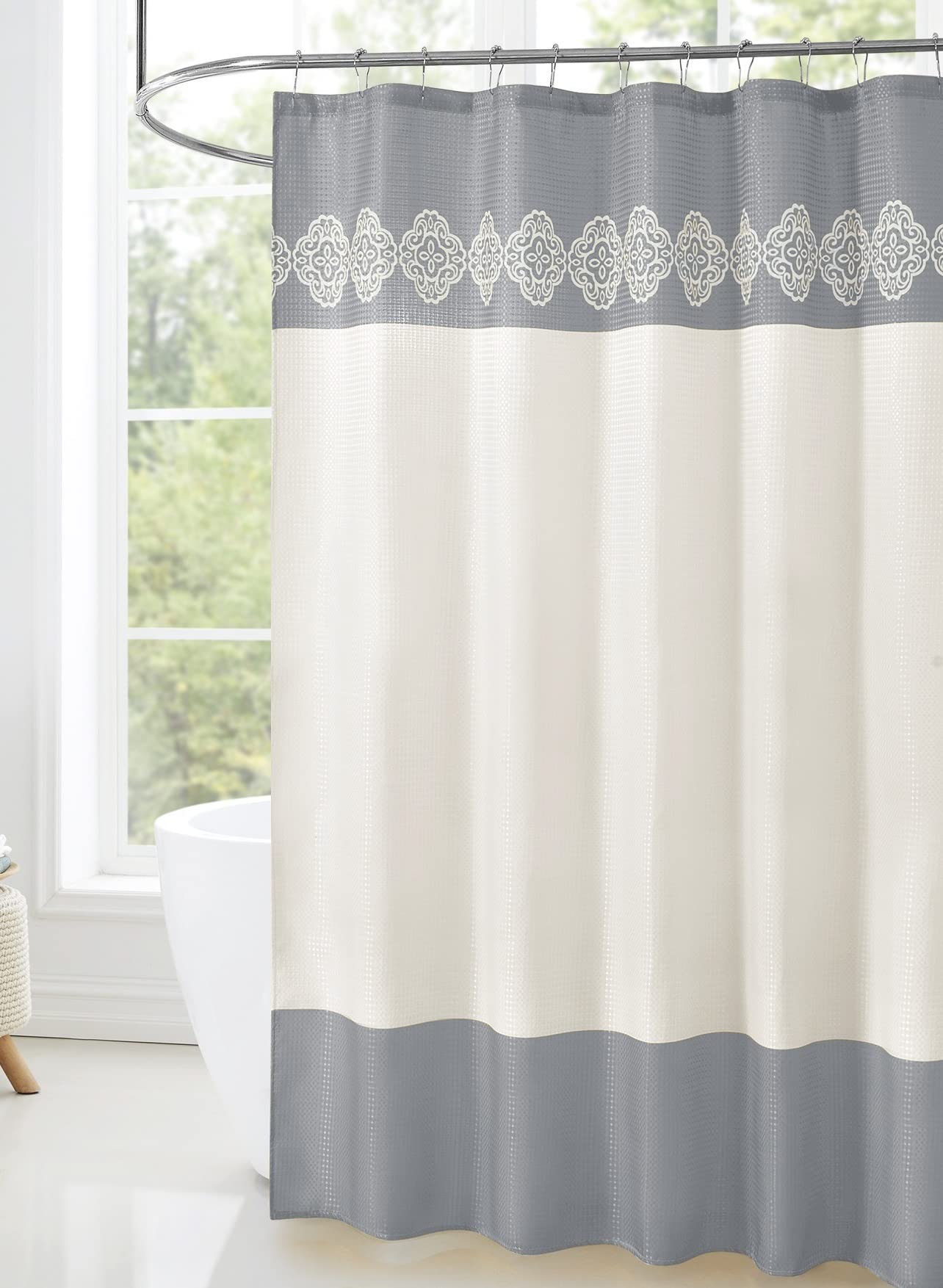 WPM WORLD PRODUCTS MART Grey Cream Color Dotted Fabric Shower Curtain with 12 Roller Hooks Included - 71 x 72 Inch size, Medallion Print Water Repellent Shower Curtains for Modern Bathroom (Grey)