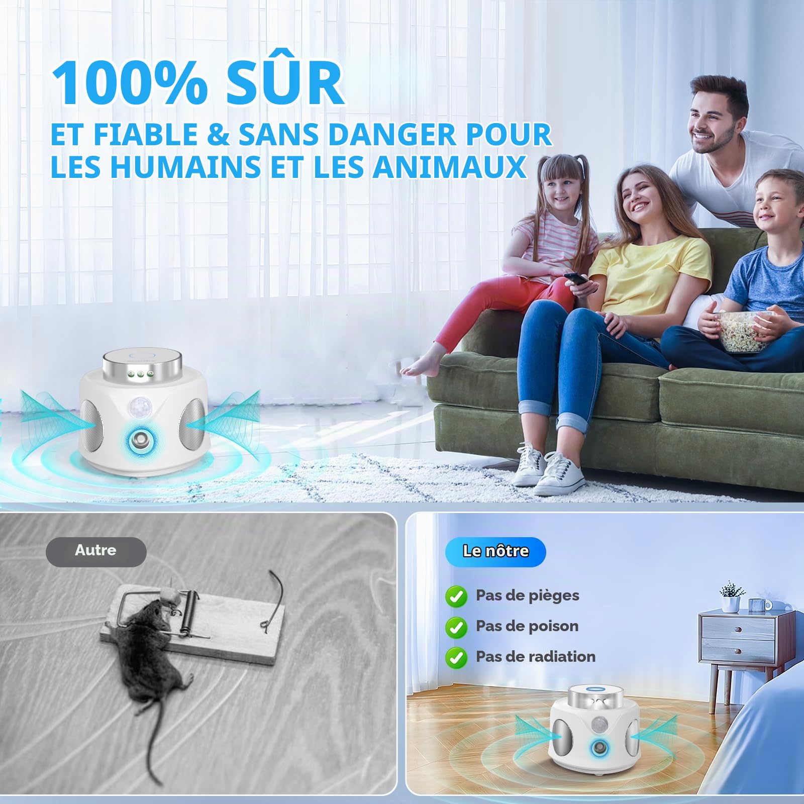Ultrasons Souris et Rats avec 3 Emetteurs à Ultrasons, 3 Modes Anti Souris Répulsif Souris Brancher avec 9 Lumières Stroboscopiques, 360° Anti Rongeurs pour Rat Araignée Moth