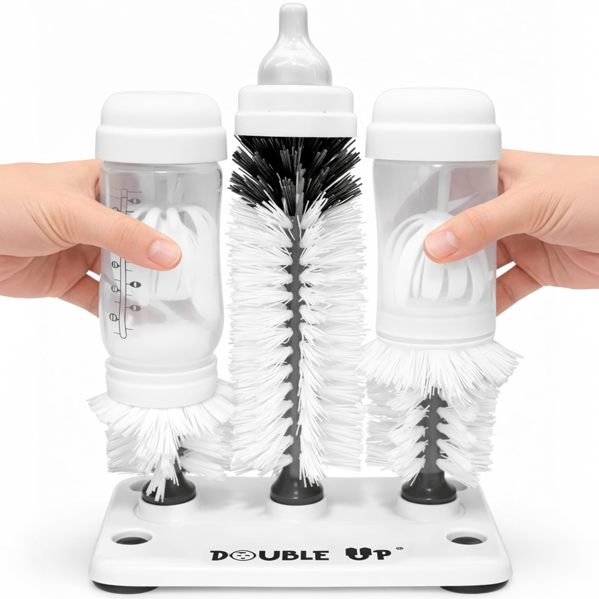 Double Baby Bottle Cleaning Brush Set with Suction Base - Cleans Two Bottles at Once - Includes Nipple Cleaner Brush - High Density Bristles,