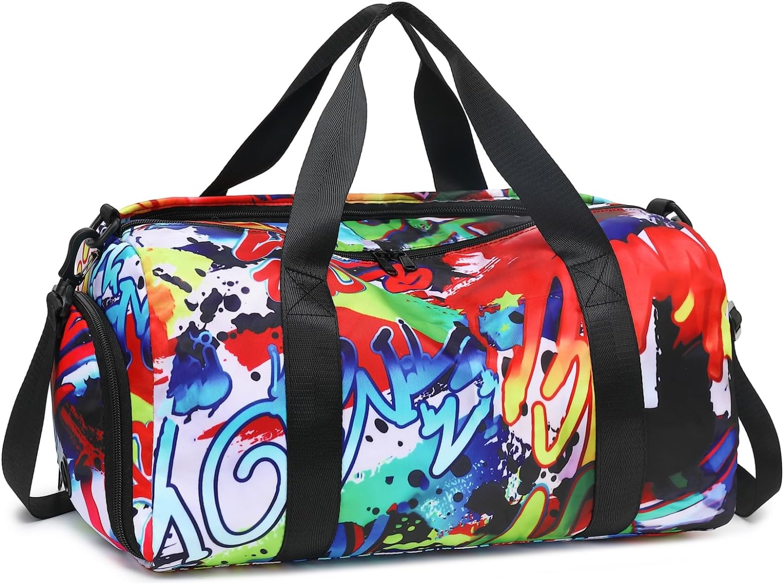 BLUBOONKids Duffle Bag for Boys Water Resistant Small Gym Bag Overnight Weekender Travel Tote with Shoe Compartment and Wet Pocket, Graffiti-red, Leisure