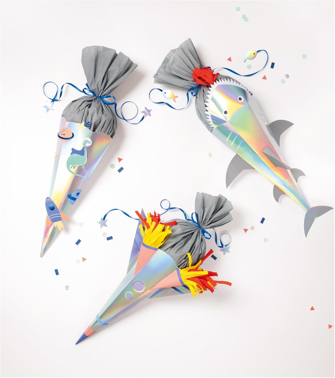 folia 92701 School Cone Craft Set Space School Craft Material for a Sugar Cone, Can Be Designed as a Shark, Space Dino or Rocket, Approx. 68 cm, Medium